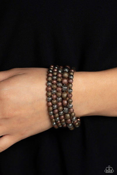 SONORAN STRIPES - MULTI SILVER BRASS COPPER MIXED METAL STRETCHY BRACELET SET - PAPARAZZI