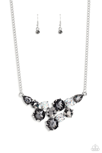 ROUND ROYALTY - SILVER SMOKY HEMATITE WHITE GEM SILVER SHORT NECKLACE - PAPARAZZI