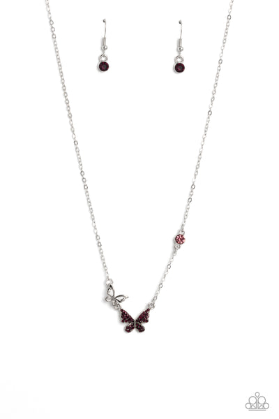 CANT BUTTERFLY ME LOVE - PURPLE RHINESTONE SILVER SHORT NECKLACE - PAPARAZZI