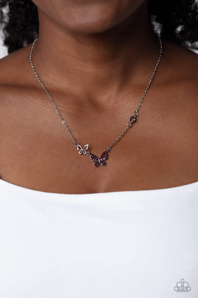 CANT BUTTERFLY ME LOVE - PURPLE RHINESTONE SILVER SHORT NECKLACE - PAPARAZZI