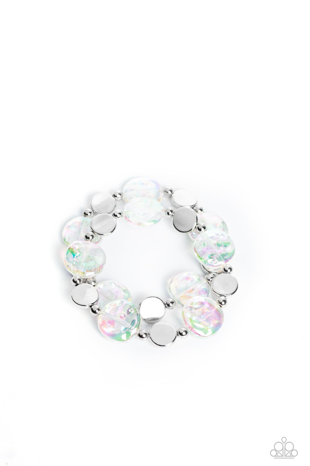 DISCUS THROW - WHITE IRIDESCENT AND SILVER DISC STRETCHY BRACELET SET - PAPARAZZI