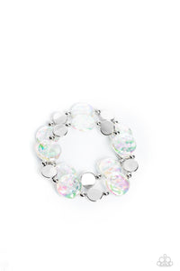 DISCUS THROW - WHITE IRIDESCENT AND SILVER DISC STRETCHY BRACELET SET - PAPARAZZI