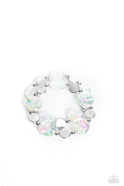DISCUS THROW - WHITE IRIDESCENT AND SILVER DISC STRETCHY BRACELET SET - PAPARAZZI