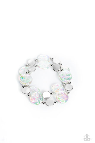 DISCUS THROW - WHITE IRIDESCENT AND SILVER DISC STRETCHY BRACELET SET - PAPARAZZI
