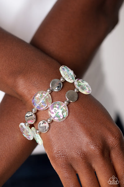 DISCUS THROW - WHITE IRIDESCENT AND SILVER DISC STRETCHY BRACELET SET - PAPARAZZI