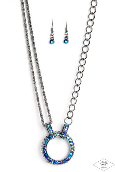 RAZZLE DAZZLE - BLUE IRIDESCENT UV SHIMMER RHINESTONE GUNMETAL CHAIN BRING BACK SHORT NECKLACE - PAPARAZZI