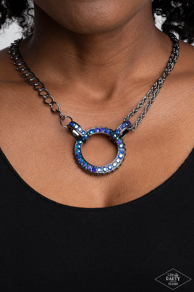RAZZLE DAZZLE - BLUE IRIDESCENT UV SHIMMER RHINESTONE GUNMETAL CHAIN BRING BACK SHORT NECKLACE - PAPARAZZI