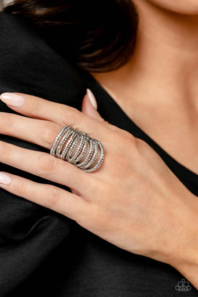 RIPPLING RARITY - WHITE RHINESTONE SILVER RING EMP 2023 - PAPARAZZI