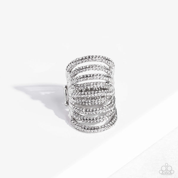 RIPPLING RARITY - WHITE RHINESTONE SILVER RING EMP 2023 - PAPARAZZI