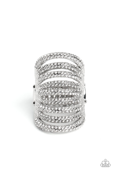 RIPPLING RARITY - WHITE RHINESTONE SILVER RING EMP 2023 - PAPARAZZI