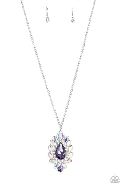 OVER THE TEARDROP - PURPLE GEM IRIDESCENT RHINESTONE SILVER NECKLACE - PAPARAZZI