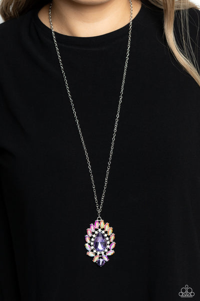 OVER THE TEARDROP - PURPLE GEM IRIDESCENT RHINESTONE SILVER NECKLACE - PAPARAZZI