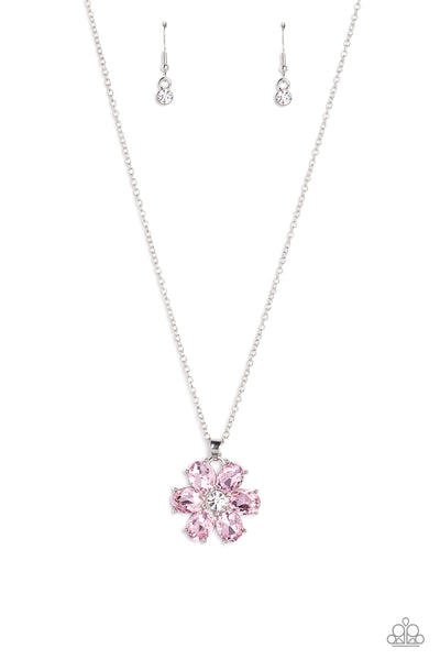 FANCY FLOWER GIRL - PINK GEM SILVER FLORAL SHORT NECKLACE - PAPARAZZI