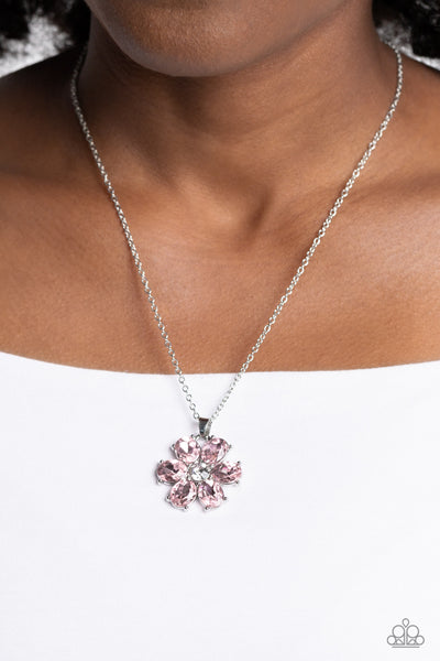 FANCY FLOWER GIRL - PINK GEM SILVER FLORAL SHORT NECKLACE - PAPARAZZI