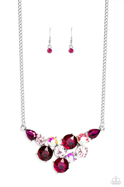 ROUND ROYALTY - PINK AND IRIDESCENT GEM SILVER SHORT NECKLACE - PAPARAZZI