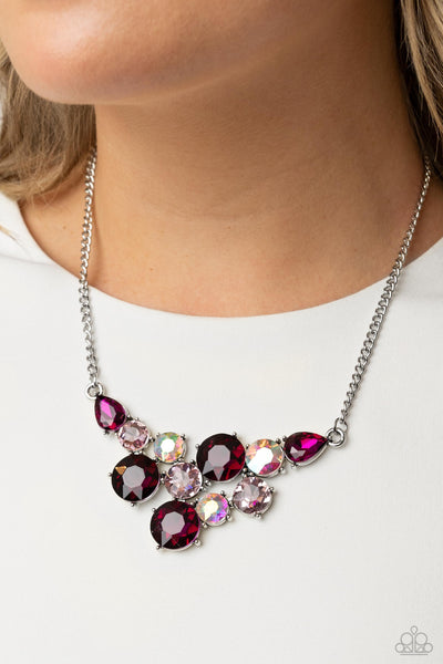 ROUND ROYALTY - PINK AND IRIDESCENT GEM SILVER SHORT NECKLACE - PAPARAZZI
