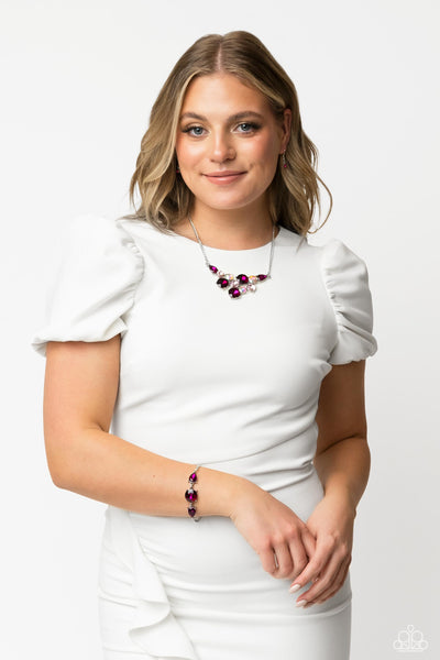 ROUND ROYALTY - PINK AND IRIDESCENT GEM SILVER SHORT NECKLACE - PAPARAZZI