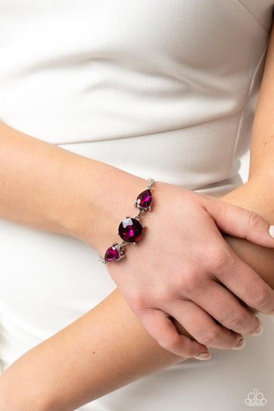 TWINKLING TRIO ROUND ROYALTY - PINK AND IRIDESCENT GEM SILVER BRACELET - PAPARAZZI