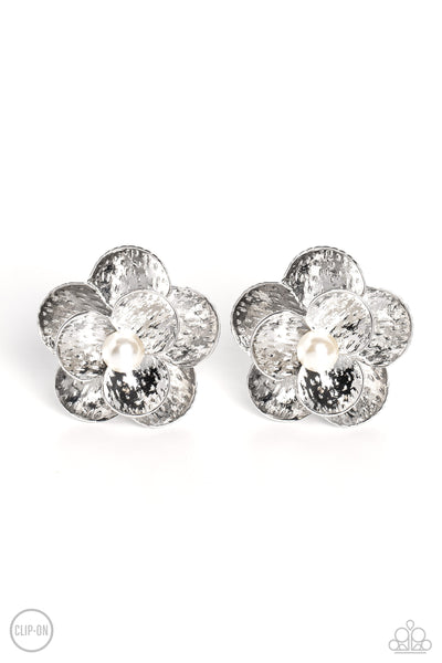 MIAMI MAGIC - WHITE PEARL SILVER FLOWER CLIP-ON EARRINGS - PAPARAZZ