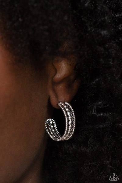 DOTTED DARLING - SILVER HIGH SHEEN STUDDED HOOP EARRINGS - PAPARAZZI