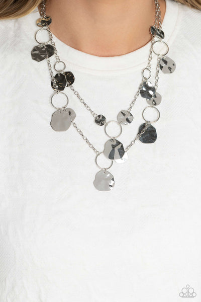 HAMMERED HORIZONS - SILVER DISC LAYERED NECKLACE - PAPARAZZI