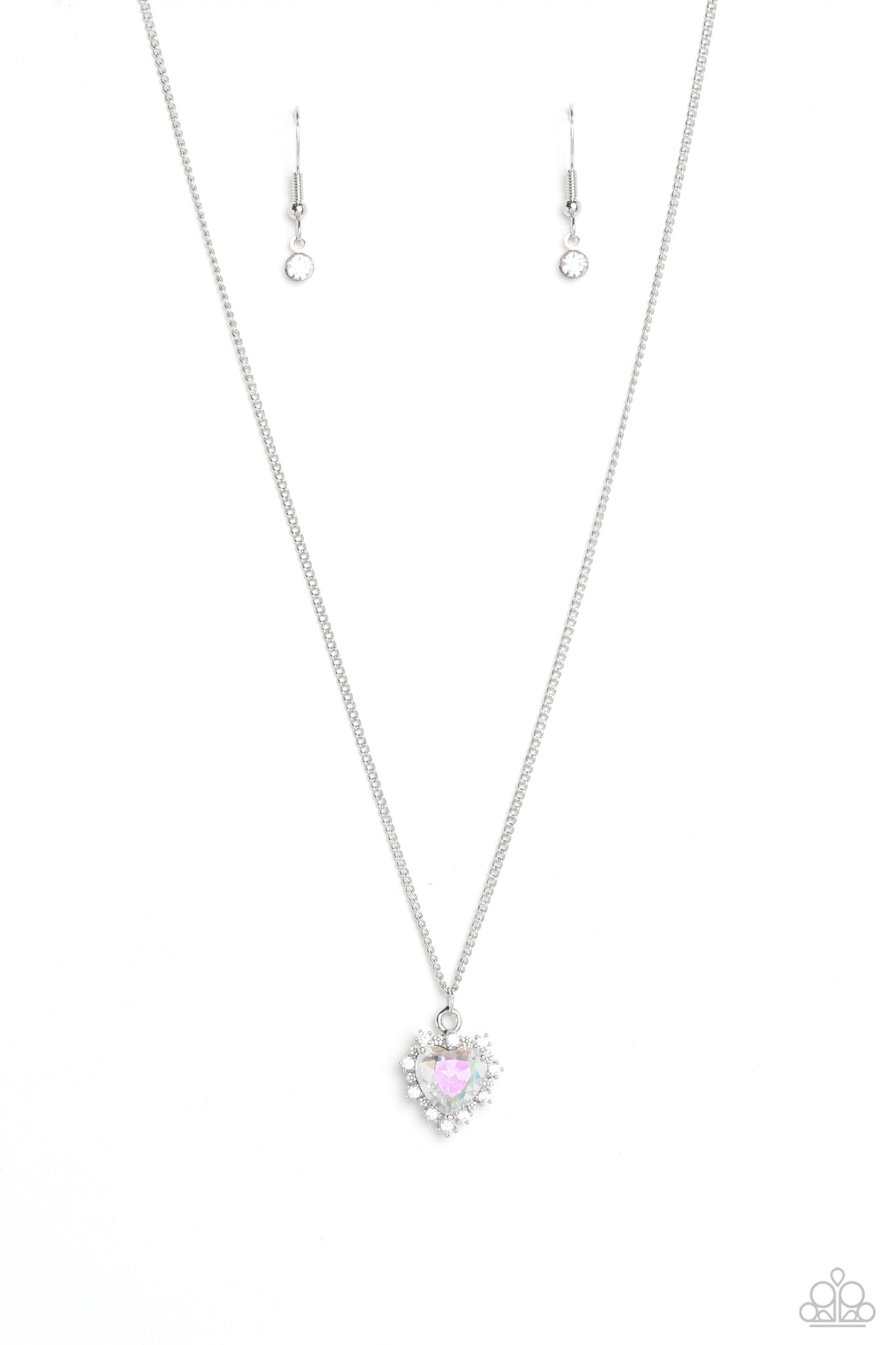 BE STILL MY HEART - GREEN IRIDESCENT HEART GEM RHINESTONE SILVER SHORT NECKLACE - PAPARAZZI