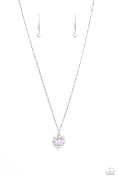 BE STILL MY HEART - GREEN IRIDESCENT HEART GEM RHINESTONE SILVER SHORT NECKLACE - PAPARAZZI