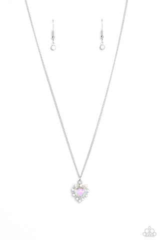 BE STILL MY HEART - GREEN IRIDESCENT HEART GEM RHINESTONE SILVER SHORT NECKLACE - PAPARAZZI