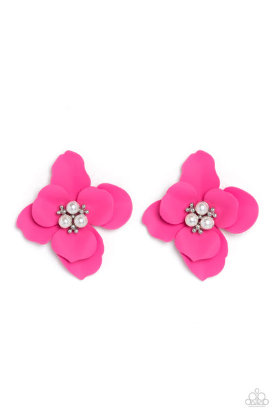 JOVIAL JASMINE - PINK FLOWER WHITE PEARL CENTER POST EARRINGS - PAPARAZZ