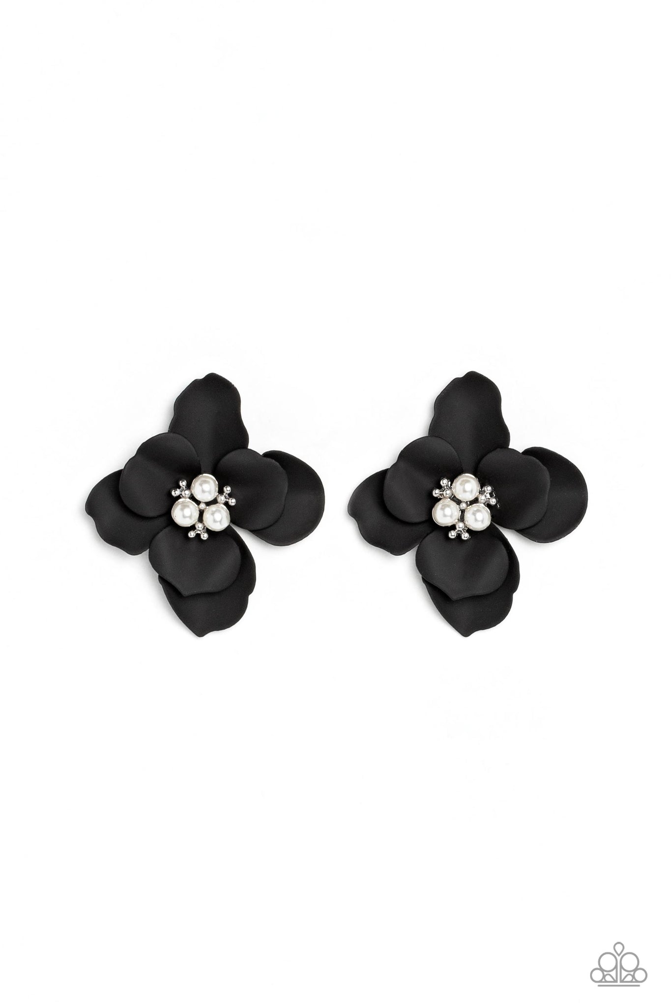 JOVIAL JASMINE - BLACK FLOWER WHITE PEARL CENTER POST EARRINGS - PAPARAZZI