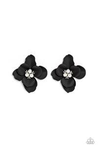 JOVIAL JASMINE - BLACK FLOWER WHITE PEARL CENTER POST EARRINGS - PAPARAZZI