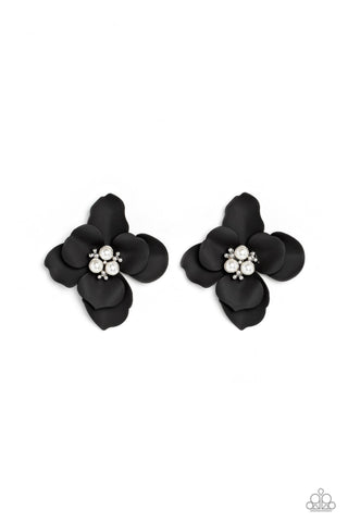JOVIAL JASMINE - BLACK FLOWER WHITE PEARL CENTER POST EARRINGS - PAPARAZZI