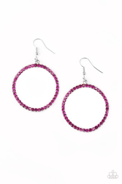STOPPIN TRAFFIC - PAPARAZZI - PINK RHINESTONE SILVER WARPED HOOP EARRINGS