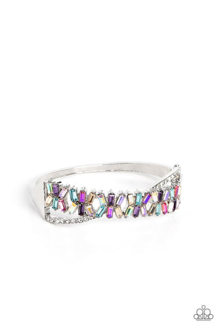 TIMELESS TRIFECTA - MULTI COLOR RHINESTONE SILVER HINGED BRACELET - PAPARAZZI LIFE OF THE PARTY MAY 2023