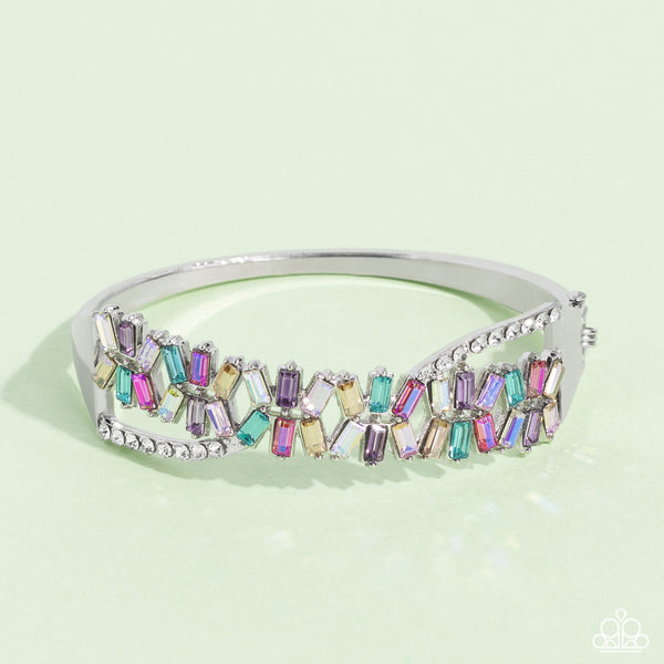 TIMELESS TRIFECTA - MULTI COLOR RHINESTONE SILVER HINGED BRACELET - PAPARAZZI LIFE OF THE PARTY MAY 2023