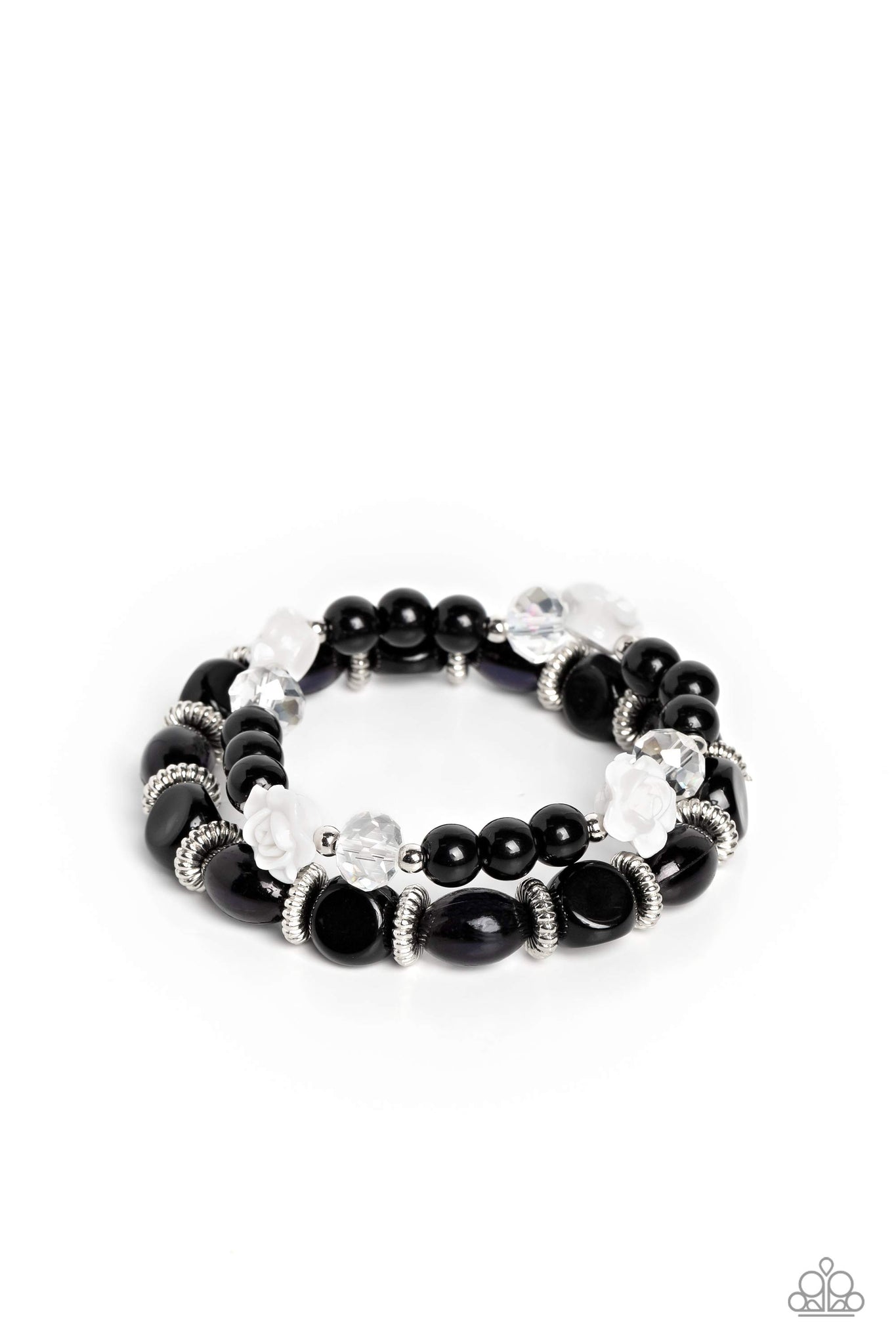WHO ROSE THERE? - BLACK BEAD WHITE RESIN ROSE STRETCHY BRACELET SET - PAPARAZZI
