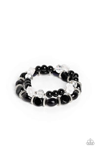 WHO ROSE THERE? - BLACK BEAD WHITE RESIN ROSE STRETCHY BRACELET SET - PAPARAZZI
