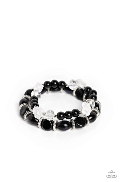 WHO ROSE THERE? - BLACK BEAD WHITE RESIN ROSE STRETCHY BRACELET SET - PAPARAZZI