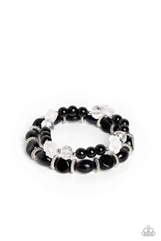 WHO ROSE THERE? - BLACK BEAD WHITE RESIN ROSE STRETCHY BRACELET SET - PAPARAZZI
