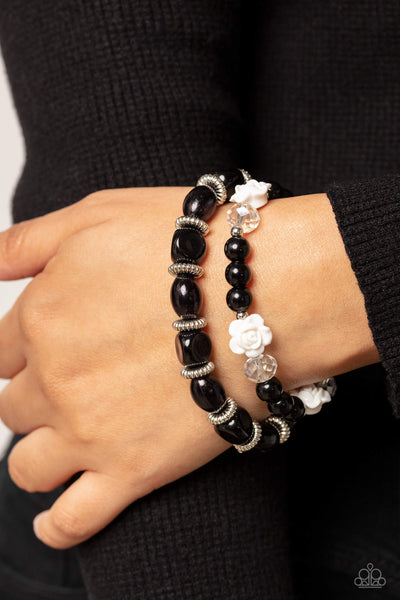 WHO ROSE THERE? - BLACK BEAD WHITE RESIN ROSE STRETCHY BRACELET SET - PAPARAZZI