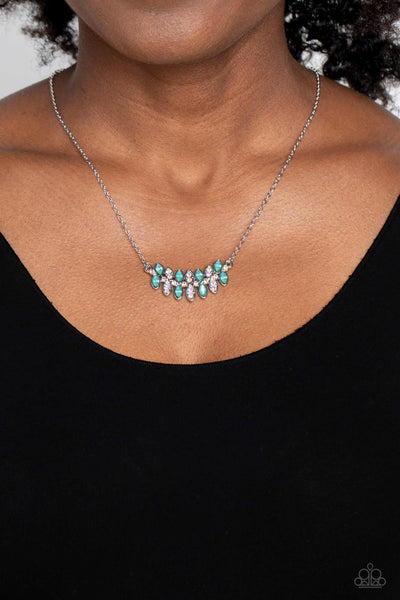 LUSTROUS LAURELS - GREEN GEM IRIDESCENT RHINESTONE SILVER NECKLACE - PAPARAZZI