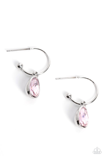 TEARDROP TASSEL - PINK GEM SILVER HOOP EARRINGS - PAPARAZZI