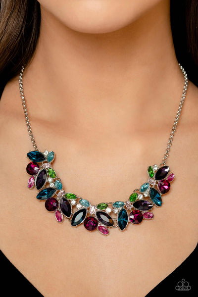 CROWNING COLLECTION - MULTI PURPLE PINK BLUE GREEN GEM SILVER NECKLACE - PAPARAZZI EMP 2023