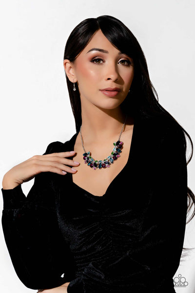 CROWNING COLLECTION - MULTI PURPLE PINK BLUE GREEN GEM SILVER NECKLACE - PAPARAZZI EMP 2023