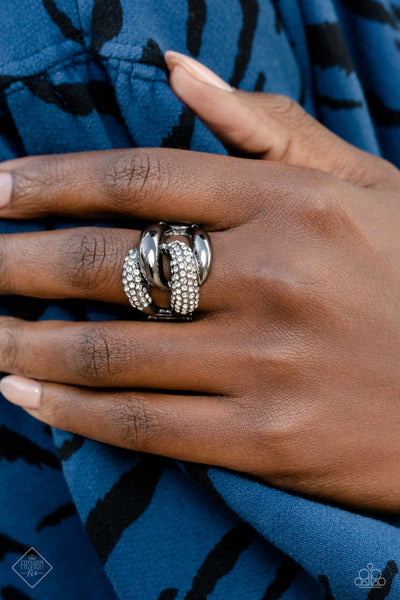 ALLURING ACE - BLACK GUNMETAL WHITE RHINESTONE RING - PAPARAZZI FASHION FIX FEBRUARY 2023