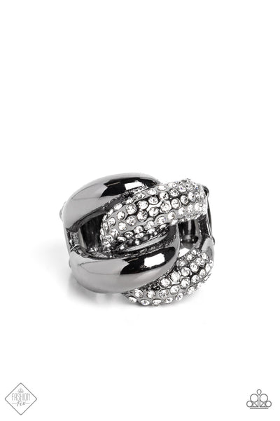 ALLURING ACE - BLACK GUNMETAL WHITE RHINESTONE RING - PAPARAZZI FASHION FIX FEBRUARY 2023