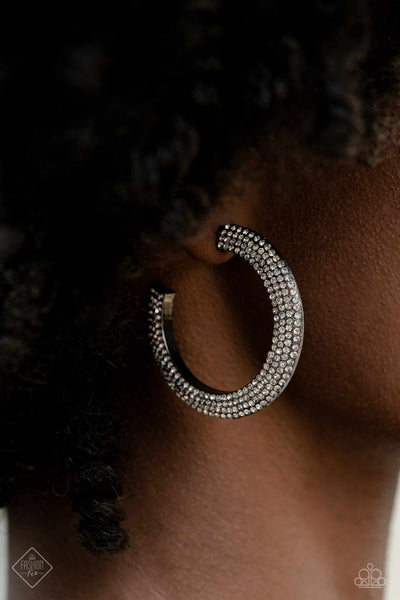 DAZZLING DYNAMO - BLACK GUNMETAL WHITE RHINESTONE HOOP EARRINGS - PAPARAZZI FASHION FIX FEBRUARY 2023
