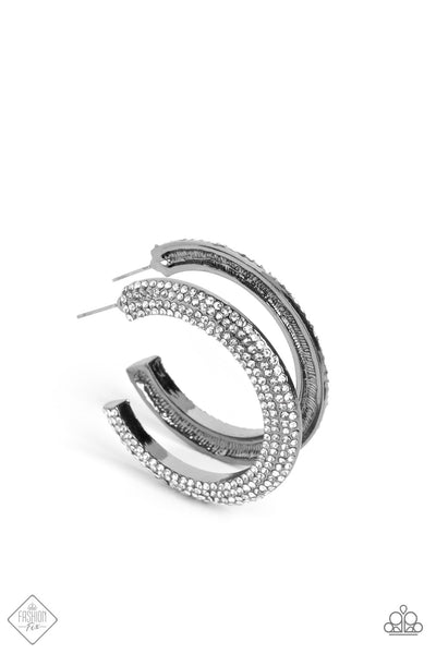 DAZZLING DYNAMO - BLACK GUNMETAL WHITE RHINESTONE HOOP EARRINGS - PAPARAZZI FASHION FIX FEBRUARY 2023