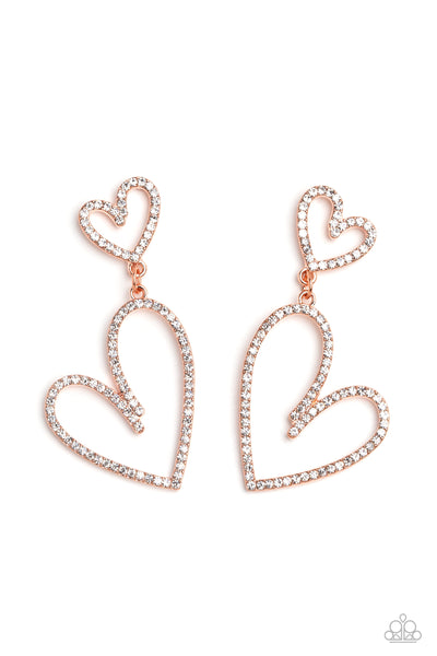 DOTING DUO - COPPER RHINESTONE HEART POST EARRINGS - PAPARAZZI