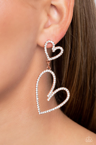 DOTING DUO - COPPER RHINESTONE HEART POST EARRINGS - PAPARAZZI